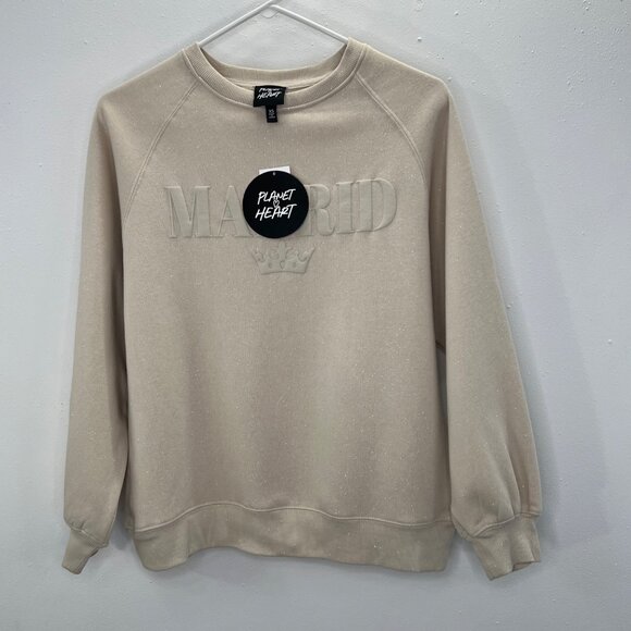 Planet Heart Madrid Spain Sweatshirt XS Oversize Crewneck Glitter Beige NWT - Picture 4 of 8